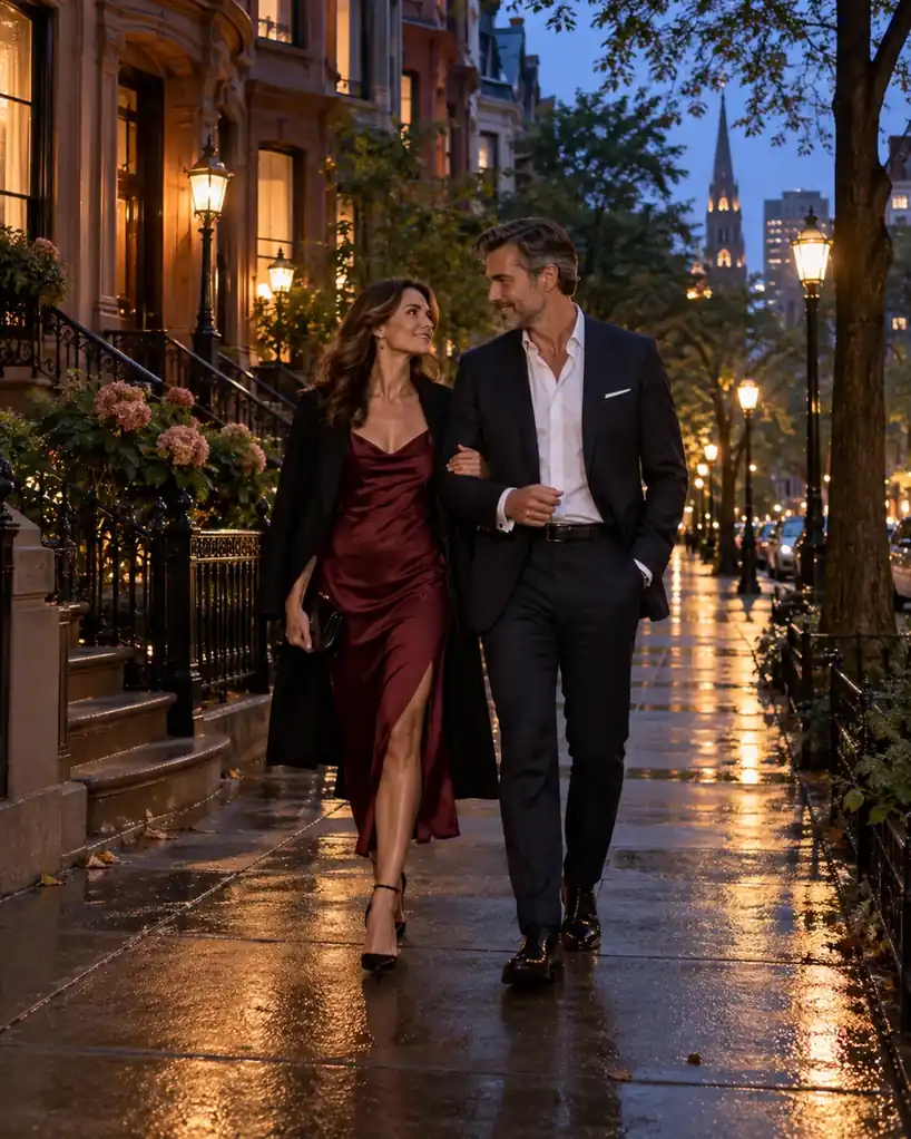 An elegant adult couple walking past Back Bay brownstones at dusk