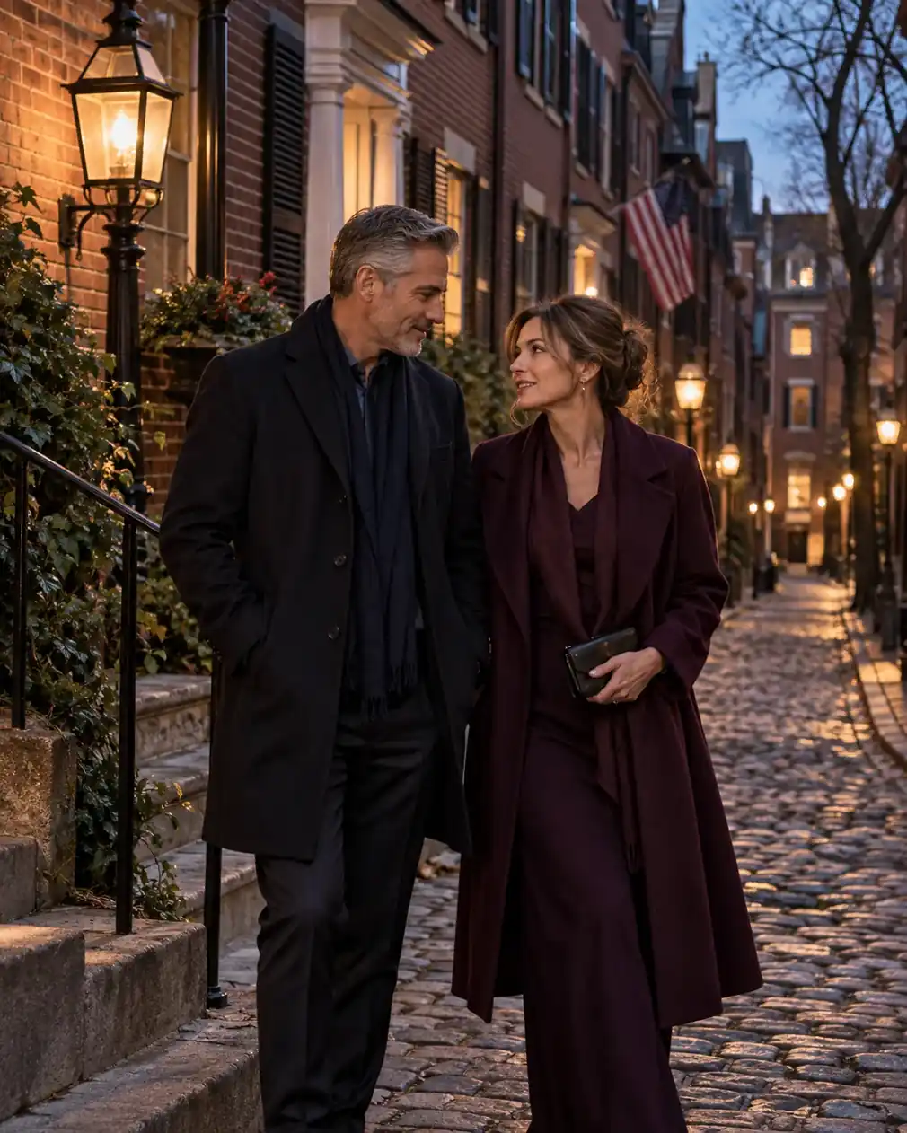 An adult couple enjoying an evening walk on historic Beacon Hill