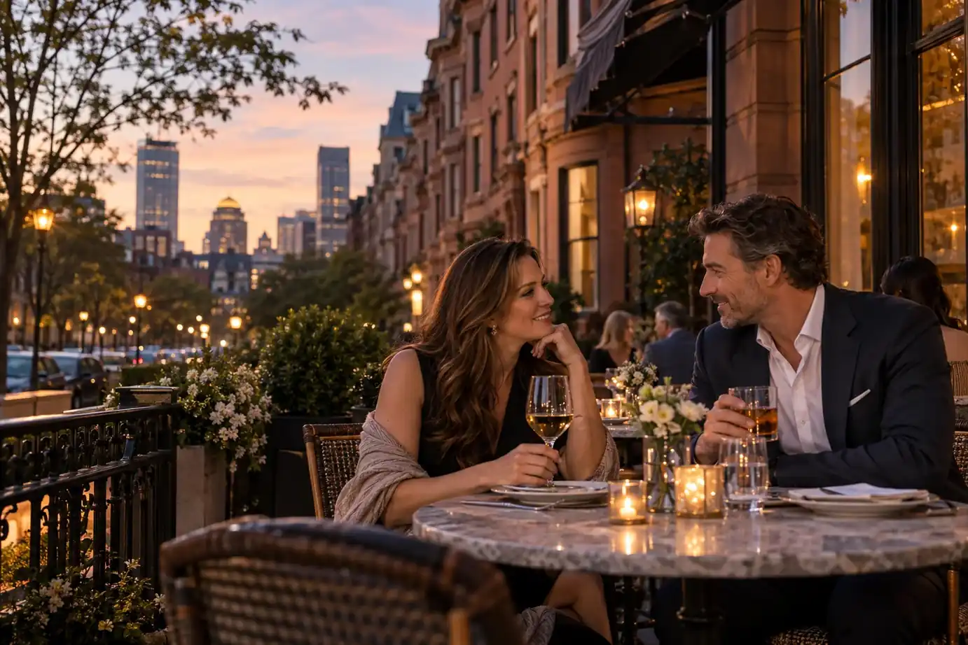 An adult couple talking over drinks on a Back Bay terrace