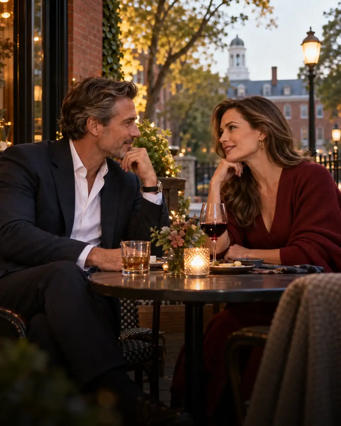 An adult couple talking over drinks on a Cambridge terrace