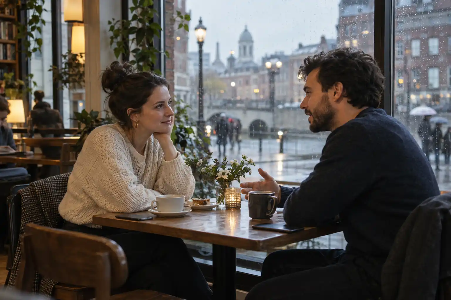 An adult couple talking in a public Boston cafe