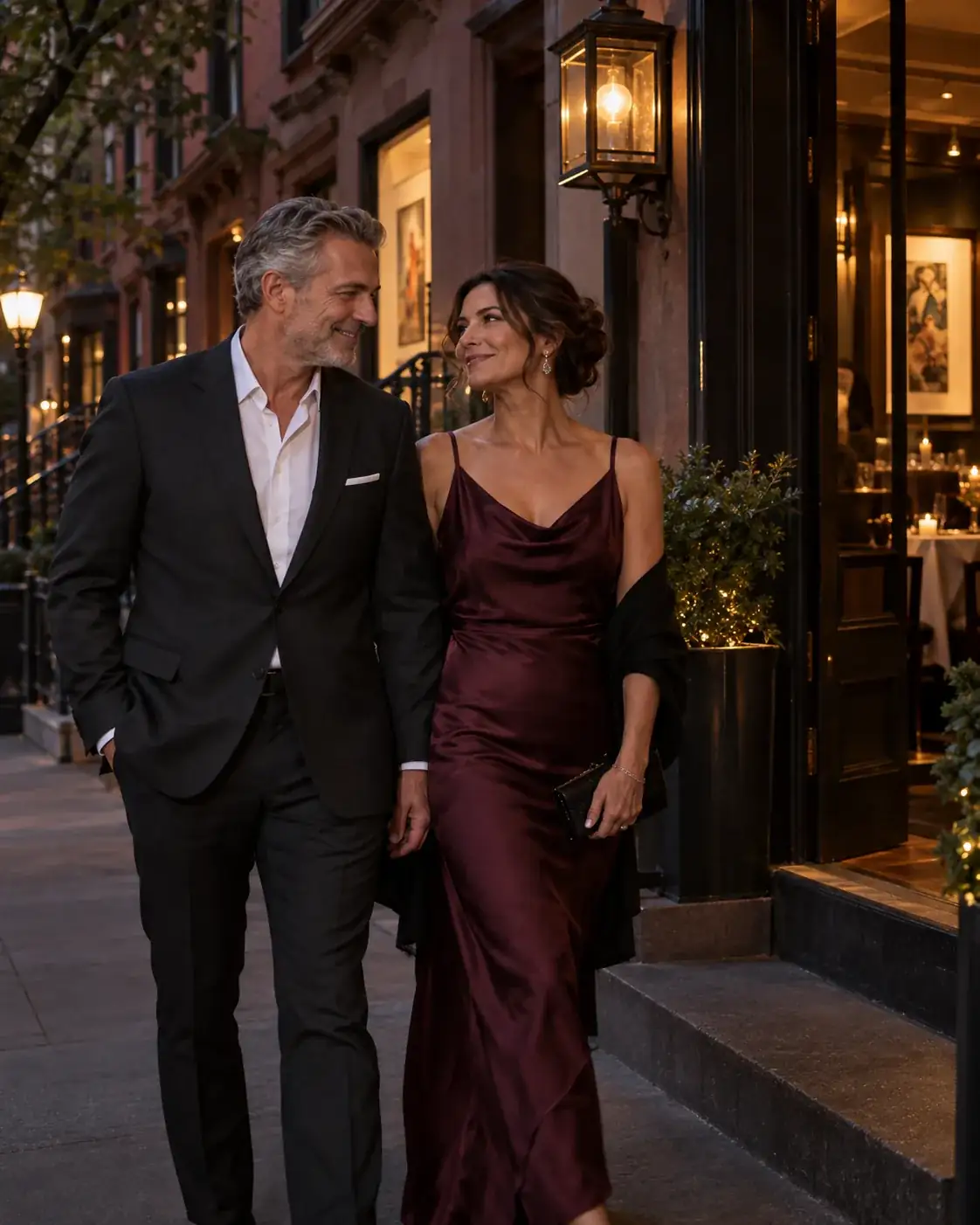 An elegant adult couple arriving for dinner in Boston's South End