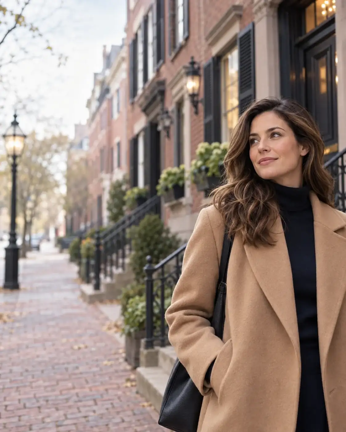 A stylish Boston woman on a Beacon Hill street