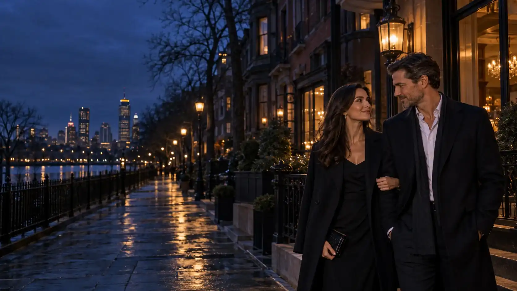 An elegant adult couple walking past Back Bay brownstones at dusk