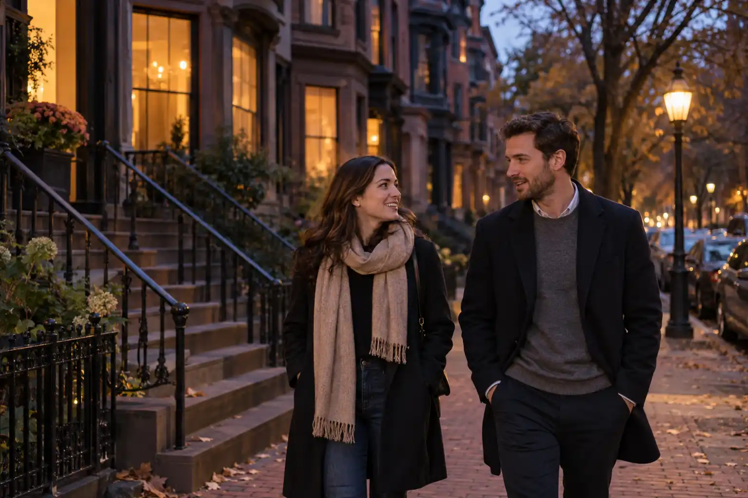 An adult couple talking while walking past Back Bay brownstones